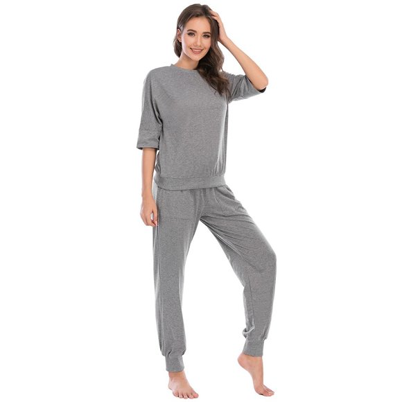 Loungewear 2 Piece Lounge Set matching top & bottom with pockets - Gray - Picture 2 of 9